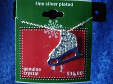 Holiday Silver Plated Metal Necklace Genuine Crystal Ice Skate Pendant 18 in
