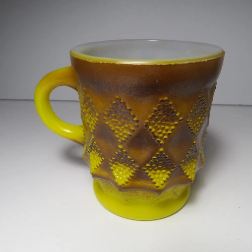 Vintage Fire King Kimberly Diamond Pattern Coffee Mug Cup Yellow & Brown 8oz.