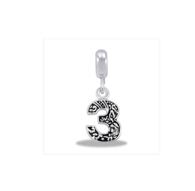 DaVinci Charm Bead Dangle CZ Number Three 3 Black & Silver-Toned