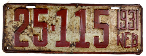 Nebraska 1931 Auto License Plate Tag Man Cave Vintage Garage Butler Co Collector