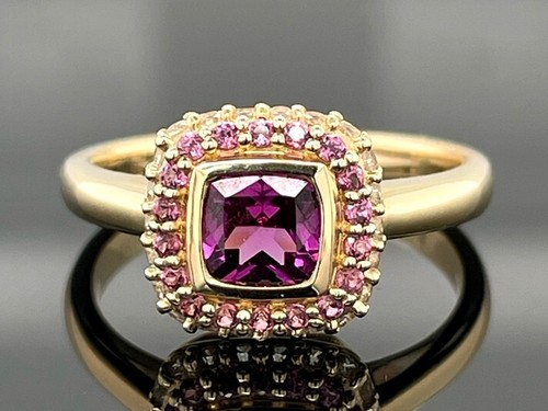 SCHMUCKJAGD RING GR.20 (CA.63) 375/- GG MIT RHODOLITH & ZIRKON FACETTENREICH