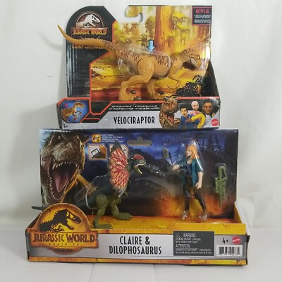 2  Jurassic World Dominion Dilophosaurus & Claire Story & VELOCIRAPTOR Figs  NEW