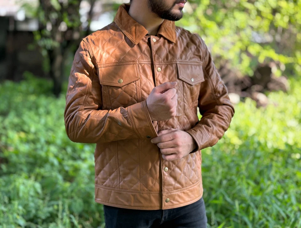 Mens Brown Leather Trucker Jacket Quilted Jacket Biker Leather Jacket - Image 4 of 4