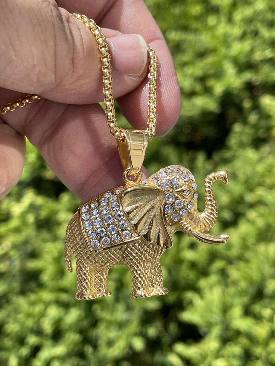 Solid Stainless Steel Gold Plated Clear Zirconia Elephant Symbol Necklace