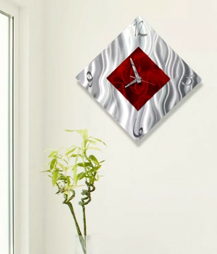 Modern Metal Wall Clock Art Etched Red Silver Hanging Sculpture Office