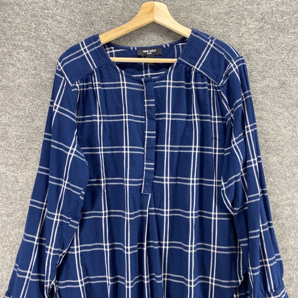 Nine West Blouse Women XXL Blue Plaid Long Sleeve Round Neck Cotton Breathable - Image 3 of 4