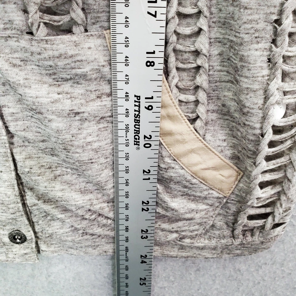 Miss Me Women Sweater M Gray Silk Cardigan Boho 3/4 Sleeve Open Back Kitschy Foto 4 de 4