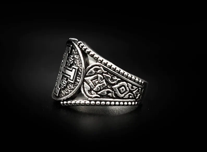 Cross of Lorraine Signet Ring Vintage 316L Stainless Steel Men's Biker Punk Ring - Image 4 of 4