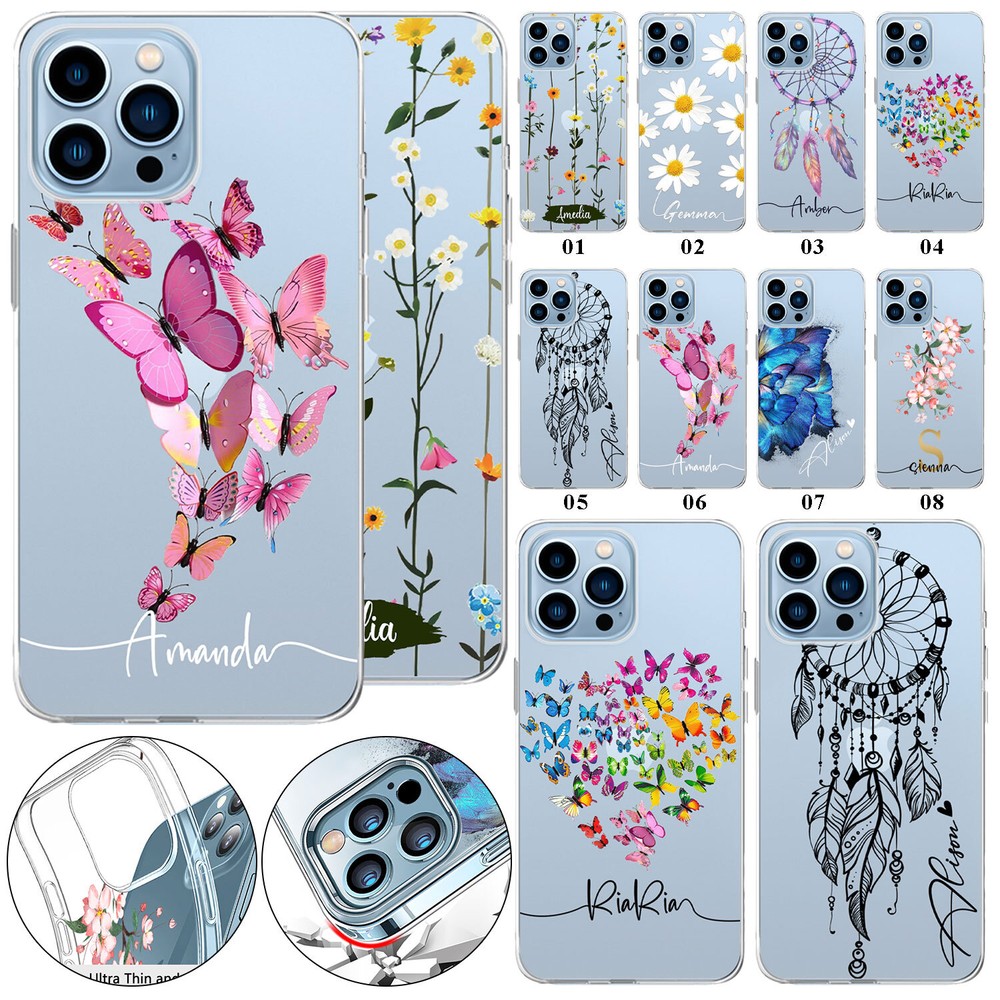 Floral Personalised Phone Case For iPhone 16 15 14 13 Pro Max 12 8 X Clear Cover