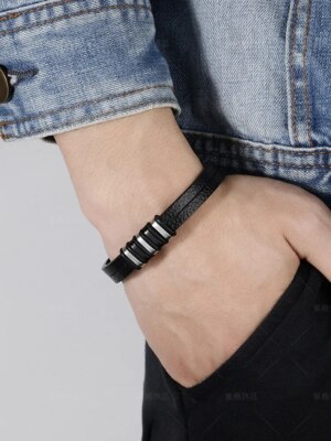 Handmade Braided Leather Bracelets Link Chain Strand Magnetic Clasp Black Cord