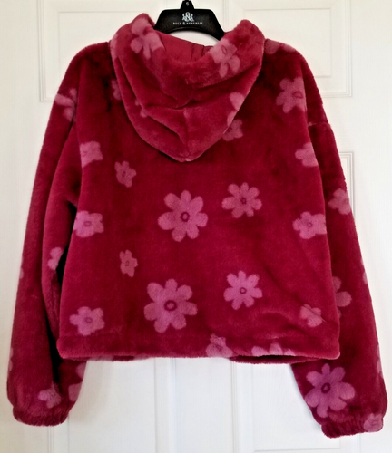 FREE HAVEN Plum Floral Faux Fur Jacket Hooded Zip Front Cozy Soft Women's Size M - Picture 6 of 10