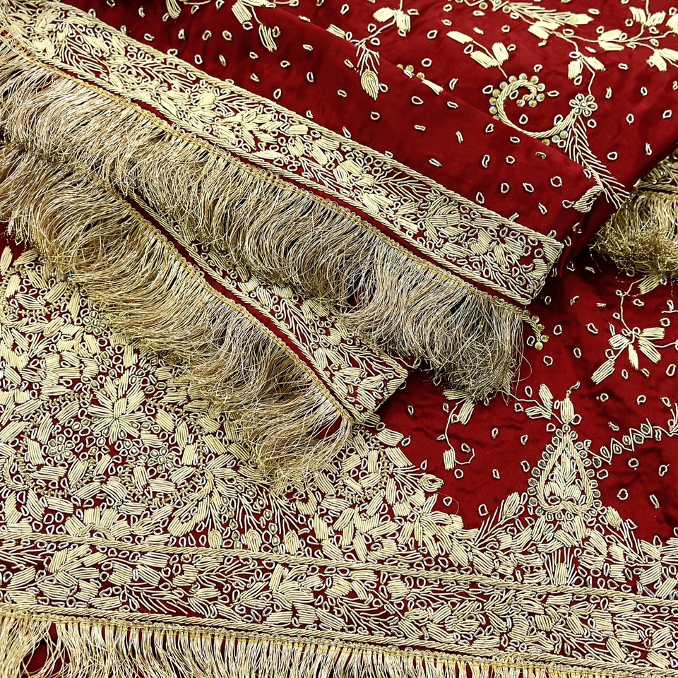 Vintage Heavy Wedding Maroon Dupatta Pure Satin Silk Long Stole Hand Embroidered - Image 4 of 4