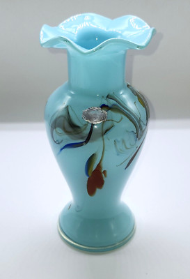 8'' Vintage Art Glass Vase light  Blue ruffled top swirl Dalian Glass Co.
