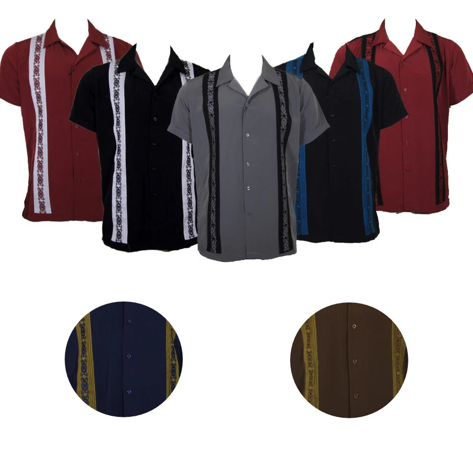 Men's Guayabera Shirt Embroidered Stripe Casual Cuba Beach Wedding Button Up