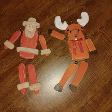 2 Vtg-Wood Christmas Tree Ornament-Articulating-Santa & Moose