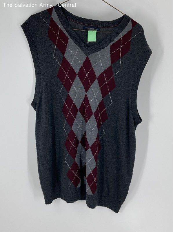 Banana Republic Mens Gray Red Silk Cashmere Argyle Vest Sweater Size Large
