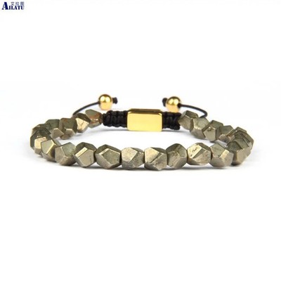 Unique Luxurious Hand Cut Natural Pyrite Stone Thread Braided Macrame Bracelet H