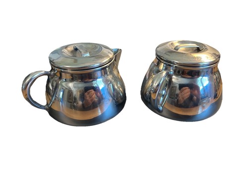 2 - Vintage Stainless Steel Creamer Syrup Pot with Lid & Handle Polar Metal