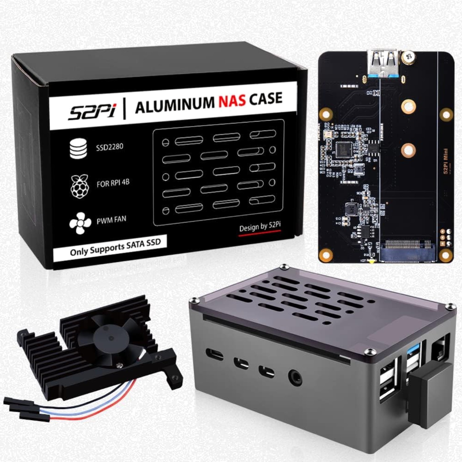 Boîtier NAS Raspberry Pi 4 silencieux avec ventilateur et châssis de dissipation thermique