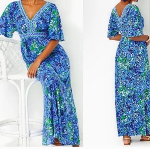 LILLY PULITZER Addison NWOT Elbow Sleeve Maxi Dress, Abaco Blue Turtle Ave Sz 6 - Picture 1 of 10