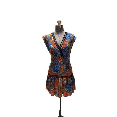 Sandro Paris Mini Dress Womens S Orange Blue Good Paisley Lace Silk Blend Wrap