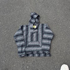 Vintage Baja Joe Mexican Blanket Poncho Hoodie Large Drug Rug Sweatshirt