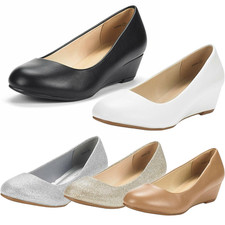 Women Wedge Heel Slip On Round Toe Comfortable Office Work Pump Shoes
