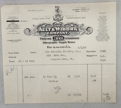 Billhead Virginia 1925 Richmond The Ault & Wiborg Printing Inks Lithographic