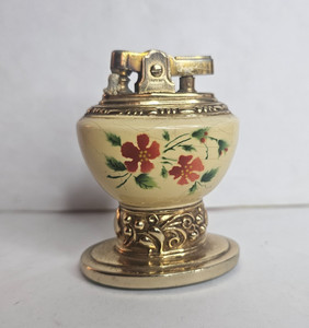 RONSON "LEONA" FLOWER TABLE LIGHTER CIGARETTE METAL PORCELAIN CERAMIC GOLD