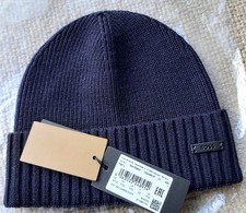 Genuine HUGO BOSS Navy 100% Virgin Wool Leather Logo BEANIE Hat 50475930