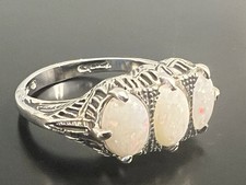 Australian White Opal Ring 3 Stones Sterling Silver size 7