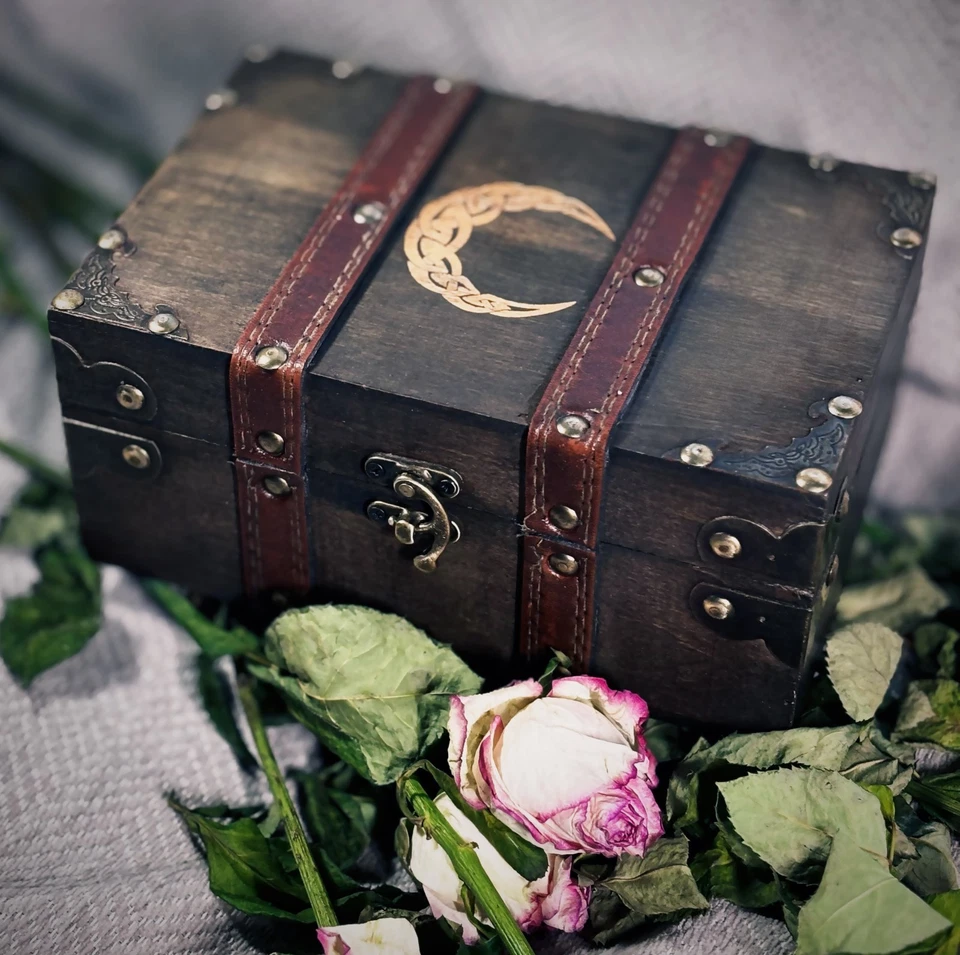 Crescent Celtic Moon Wooden Chest with Velvet Lining & Leather Keepsake Box - Image 2 of 4