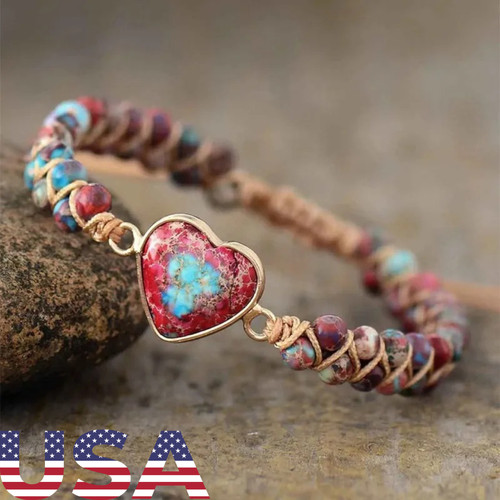 Handmade Natural Heart Gemstone Sea Sediment Healing Chakra Women Bracelet Gifts