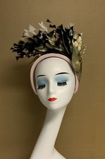 Ascot Royal Fascinator Kentucky Derby Black, White Feathers, Gold Leavs.Headband