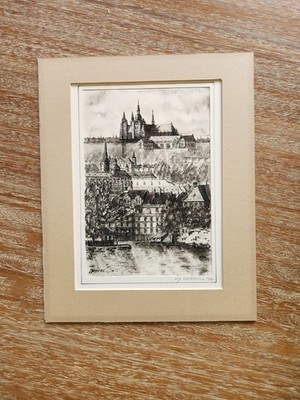 Black and White Art Lithograph Prague Cityscape 1980 w/ 8''x10'' Picture Frame Mat