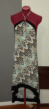 Touch Express Halter Maxi Dress XL NWT Geometric O-Ring Asymmetrical Teal Blue