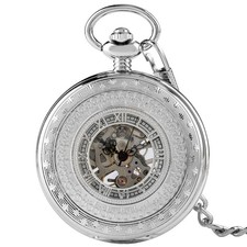 Silver Mechanical Hand Wind Pocket Watch Half Hunter Roman Numeral FOB Chain