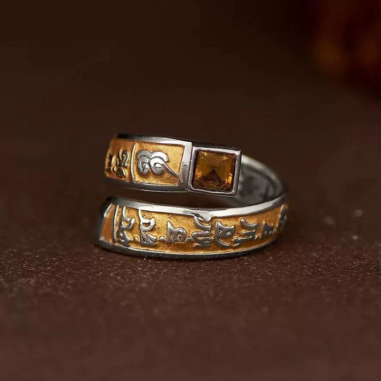 Anillo de citrino de plata Jambhala de resina mantra ajustable joyería étnica budista Foto 4 de 4