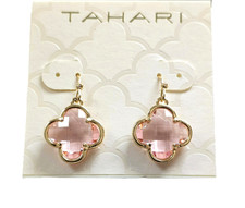 NEW TAHARI GOLD TONE & PINK CLOVER FACETING GLASS CRYSTAL DANGLING,DROP EARRINGS