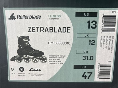 Rollerblade Zetrablade Men's Fitness Inline Skates 80 mm Size 13 NEW IN BOX