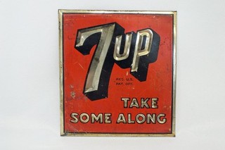 Insegna latta vintage anni 30 7up Take Some Along pubblicità da banco 6 x 6 3/8 pollici