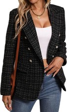 Women s Tweed Blazer Jacket Fall Winter Plaid Fully Lined Business Casual Coat
