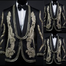 Black Luxury Men's Suits Beading Appliques Glitter Sparkly Coat Dinner Jacket