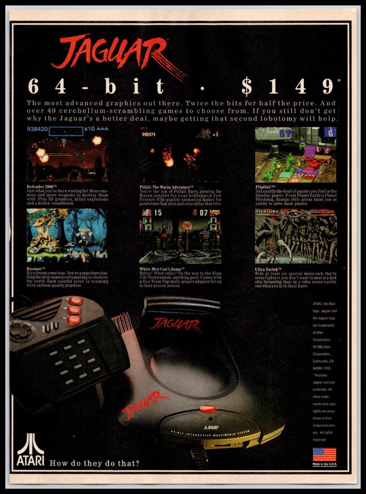 Atari Jaguar 1995 64 bits consola Rayman Pitfall Defender 2000 página completa anuncio impreso