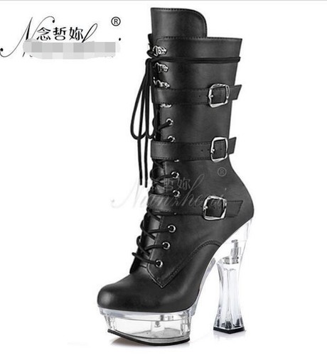 Women's Chunky Heel Mid Calf Boots Platform Shoes Lace Up Buckle Punk Fashion SZ - Bild 2 von 12