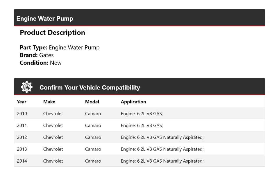 Puertas de bomba de agua del motor Chevrolet Camaro 2010-2014 2011 2012 2013 Foto 2 de 4