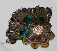 Fascinator feather clip natural peacock gold green plumage bridal photo prop