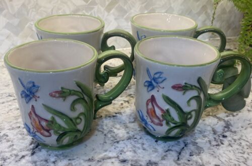 Temptations Mugs Set of 4 Dragonfly 12 0z Coffee Cups Cream Green Floral