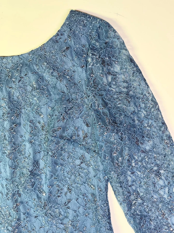 Calvin Klein Size 12P Blue Lace Short Dress Metallic Silver - Image 4 of 4