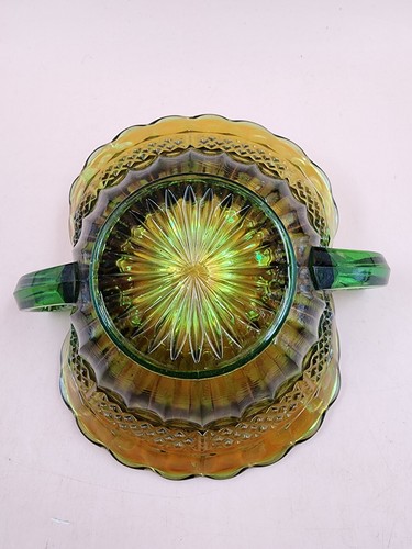 Vintage Northwood Carnival Glass Green Luster Flute 2 Handled 6" Candy/Nut Dish - Picture 7 of 10